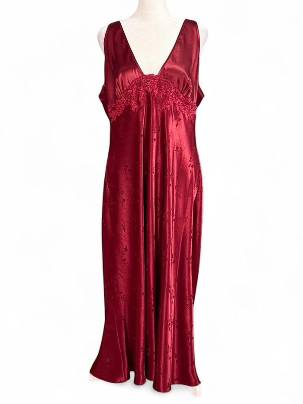 Vintage 90s Sensara Red Satin Slip Dress Floral Lace Nightgown L/XL
